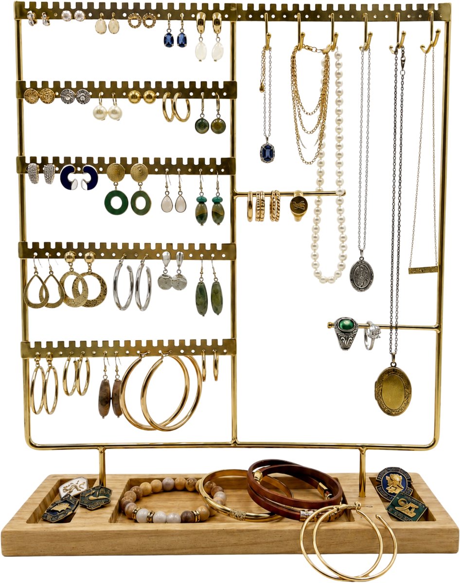 Sieradenhouder Goud – Sieraden Organizer met Houten Onderstel – Oorbellenhouder – Kettinghouder – Armbandhouder – Horlogehouder – Sieradenrek