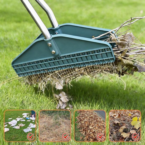 Bladgrijper met Lange Steel 93 cm - Bladschep & Bladhark - 43,2 cm Brede Grijper - Tuinafval Grijper voor Bladeren Gras & Takjes - RVS Steel - Groen — afbeelding 2