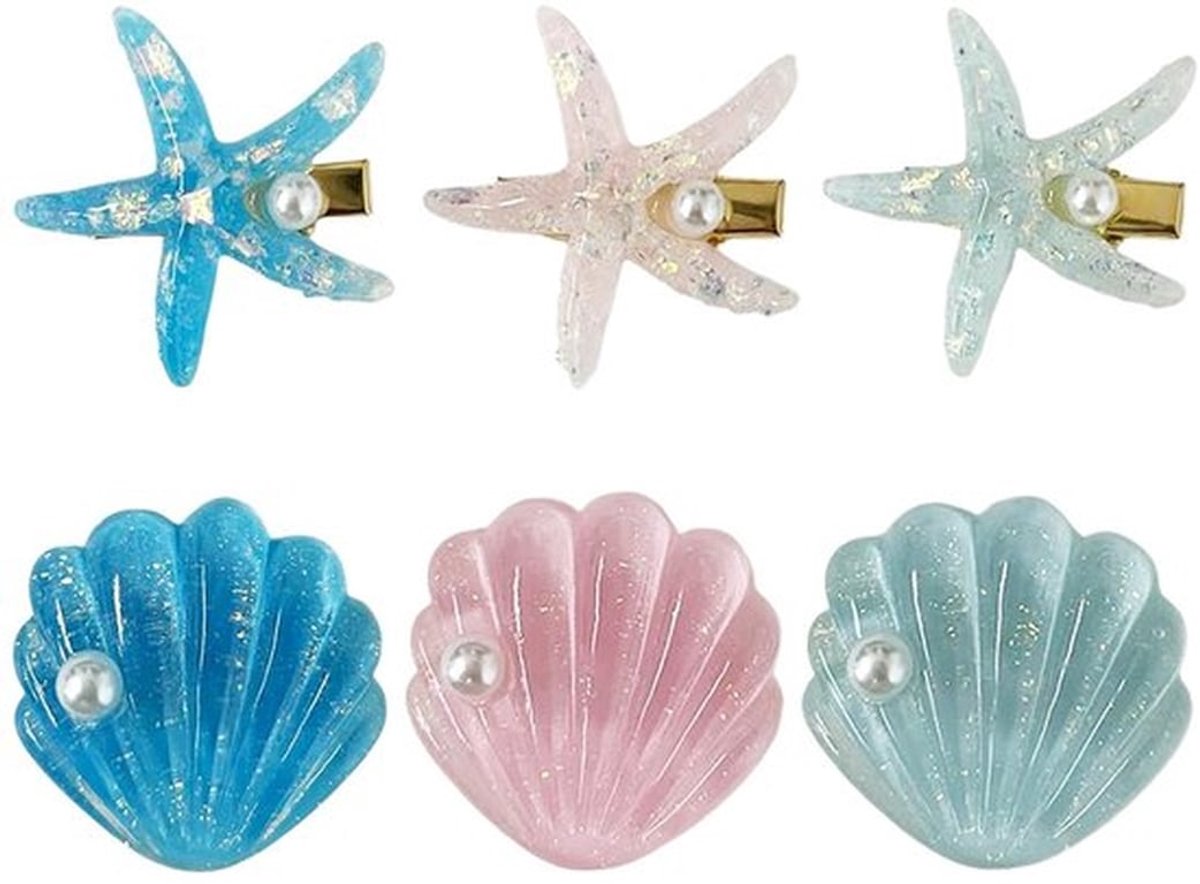 Haarspelden 6 Stuks - Creatieve Zeester/Shell Ontwerpen - Kinderaccessoires - Veilig en Duurzaam - Kapseldecoraties - Veelkleurig - Haaraccessoires