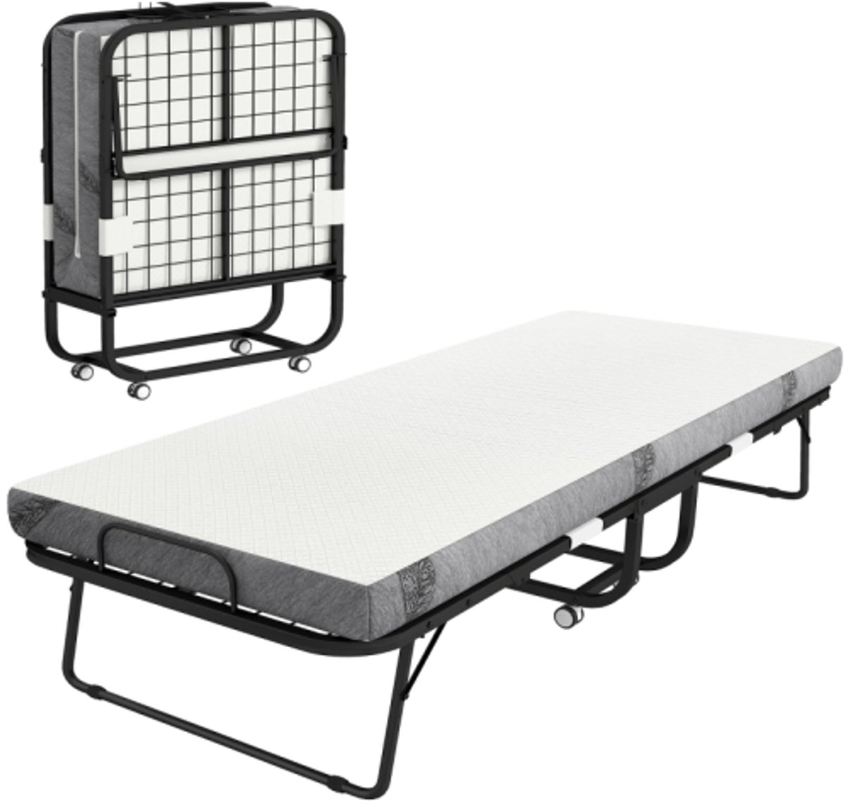 Logeerbed- opvouwbaar bed -reisbed met wielen- matras, staal - wit & zwart - Logeerbed 90x200 cm – Opklapbed 1 persoons - Vouwbed met Matras - Plooibed - Eenpersoonsbed