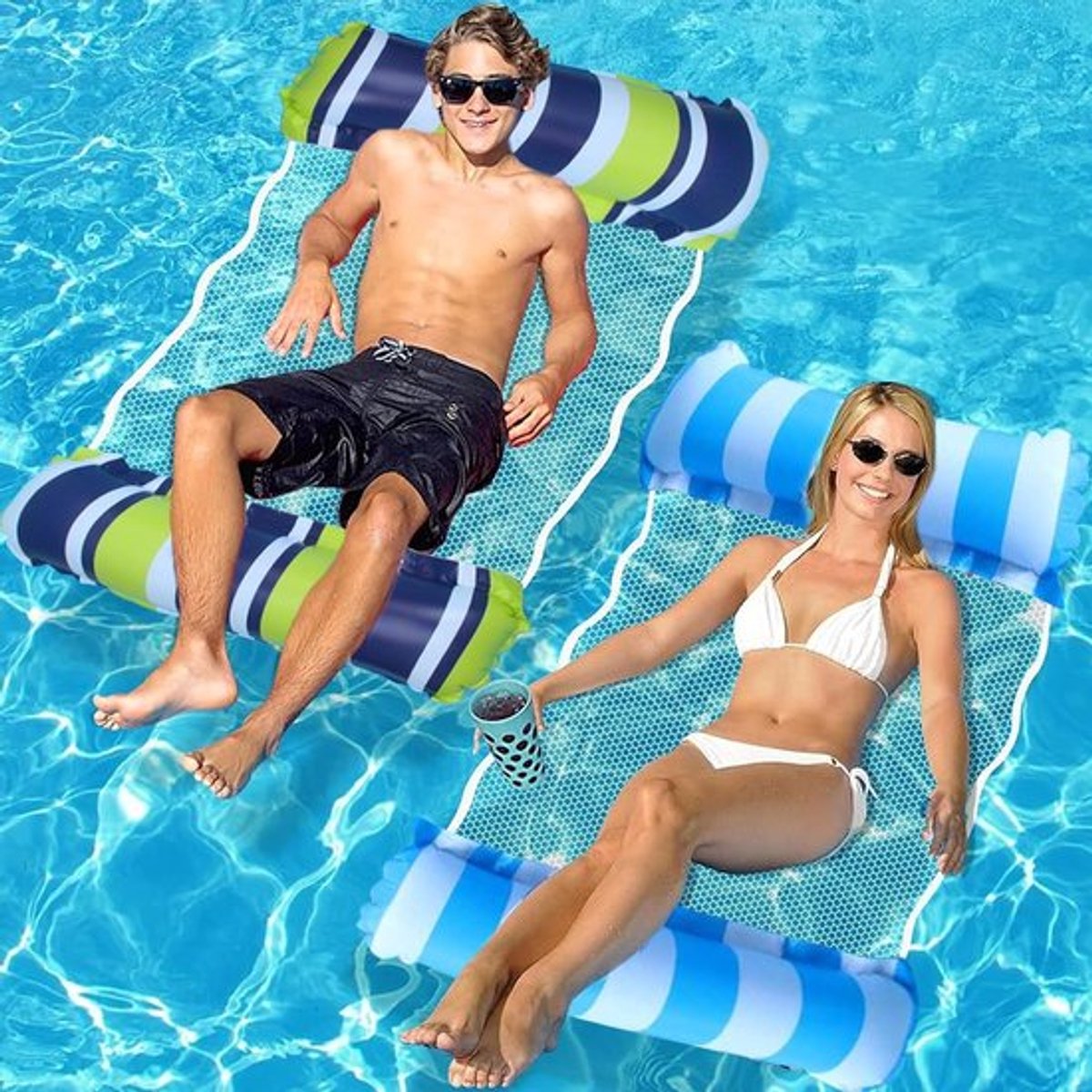 Opblaasbare Hangmat voor het Strand en Zwembad, Set van 2 Luchtbedden, Draagbare Lounger met Pomp en Comfortabele Ondersteuning voor Ontspanning en Zomerplezier