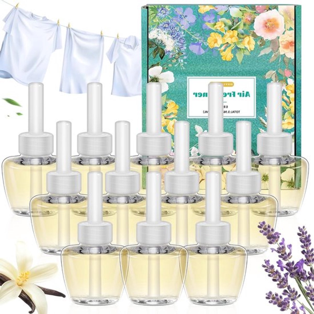 Refill voor geurige olie, geschikt voor Air Wick en Glade, 12 x 18 ml, Lavendel, Linnen, Vanille, Luchtverfrisser, Kamergeur, Aromatherapie