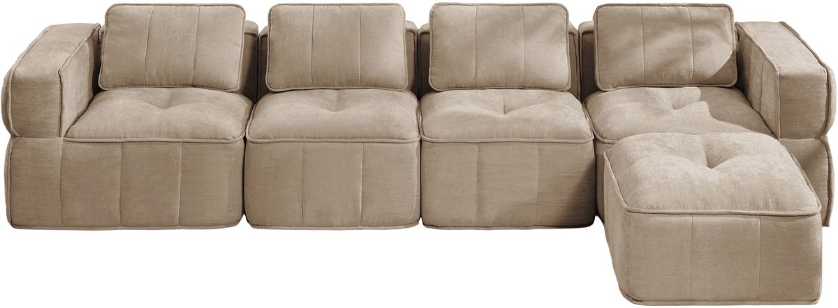 HAUSS SPOLE Hoekbank - Modulaire L-Vormige Bank Met Hocker - 4-Zits Comfort Met 32D Schuim - Voor Woonkamer - Polyester Zand