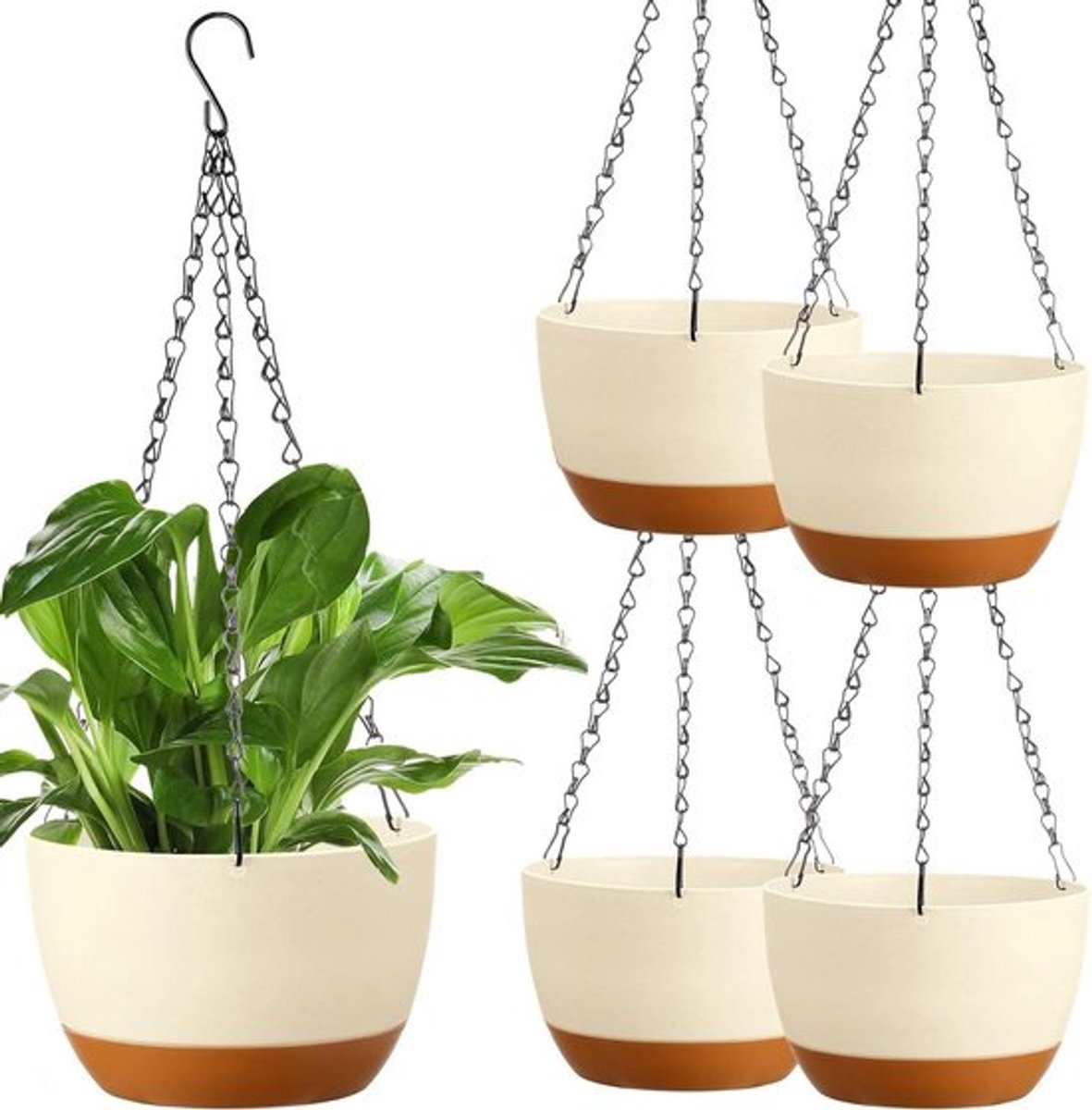 Set van 4 Plastic Hangende Plantenpotten, 20 cm met Afvoergaatje en Verwijderbare Schotel voor Binnen en Buiten, Ideaal voor Tuin, Balkon en Terras Decoratie