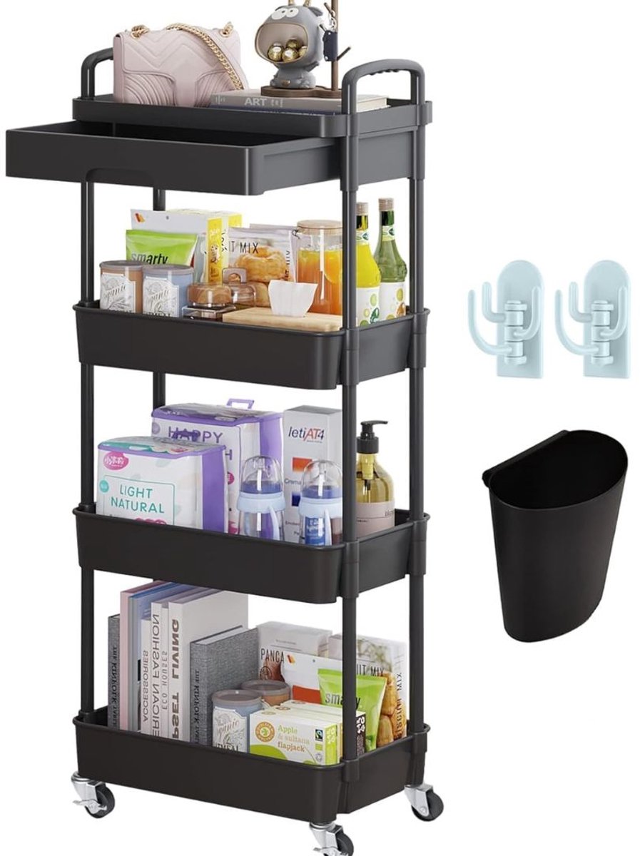 LNMsolutions® Keukentrolley - Keukentrolley Op Wieltjes - Badkamer Organizer - Zwart - 40cm x 30cm x 78cm
