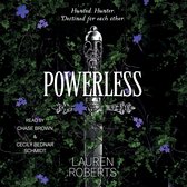 Couverture du livre 'POWERLESS' avec une épée, entourée de lierre et de fleurs violettes. Texte : 'Hunted. Hunter. Destined for each other.'