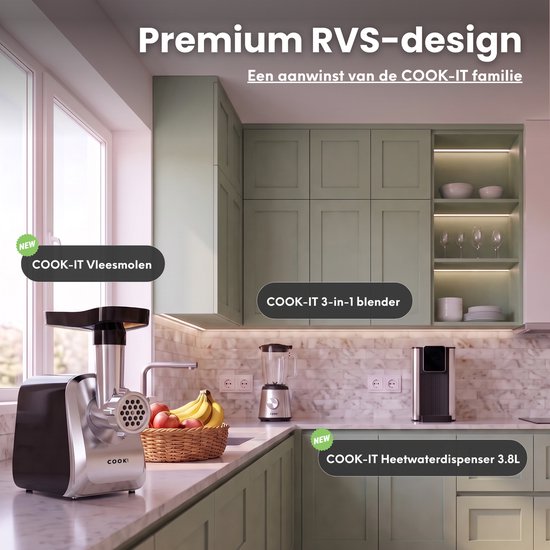 COOK-IT Elektrische Vleesmolen – Gehaktmolen 1300W – 3 RVS Maalschijven – Reverse Functie van Media Evolution — afbeelding 4