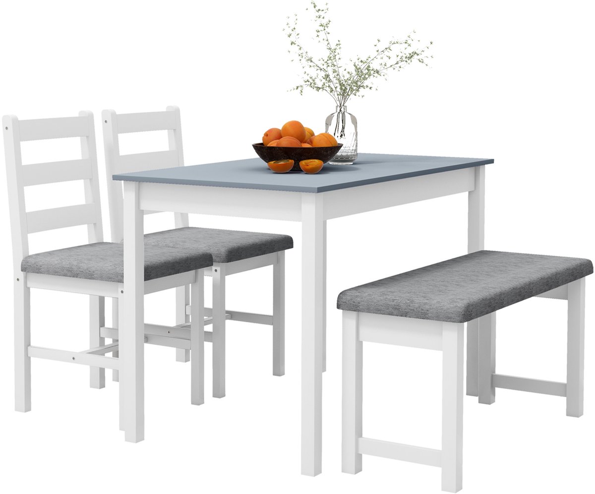 Homcom eethoek met bank en 2 stoelen - Eetset grenenhout, Barhoek compact - Grijs en wit Grau+Weiß
