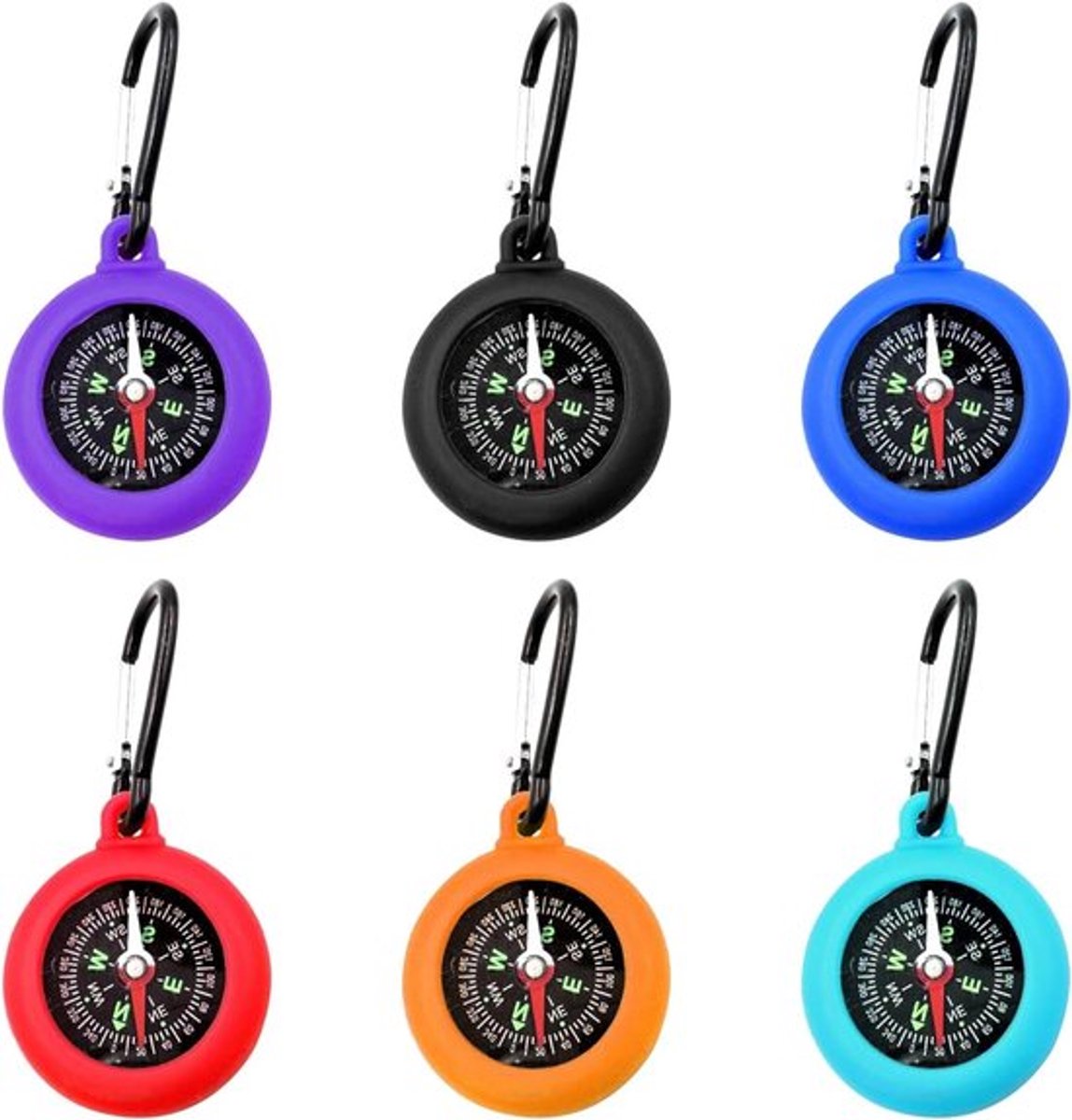 6-delige kompas set met haken, draagbaar mini kompas voor kinderen, silicone outdoor uitrusting en accessoires.