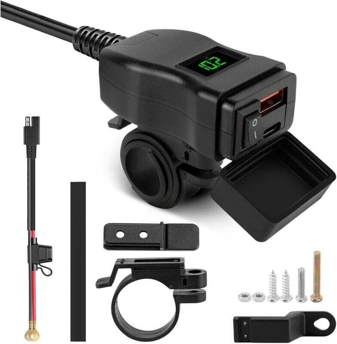 Motorfietslaadadapter, voltgeschikt voorer, USB-A- en Type-C-aansluitingen, 12V-24V, universeel, waterdicht, IP65-beschermingsklasse, spanningsmonitor, 5V/3,4A-uitgang (groen, USB + Type-C).
