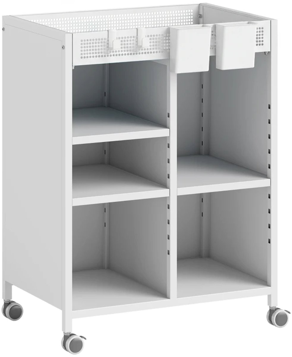 Opbergkasten - Boekenkast op Wielen met 4 Niveaus, Verstelbare Planken en Hangende Manden - Voor Thuiskantoor en Woonkamer - Wit
