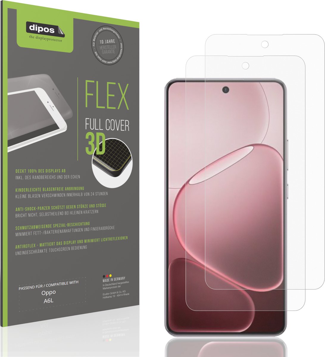 dipos FLEX – 2x Matte Screenprotector geschikt voor Oppo A6L | Volledige Schermbescherming | Case-Friendly