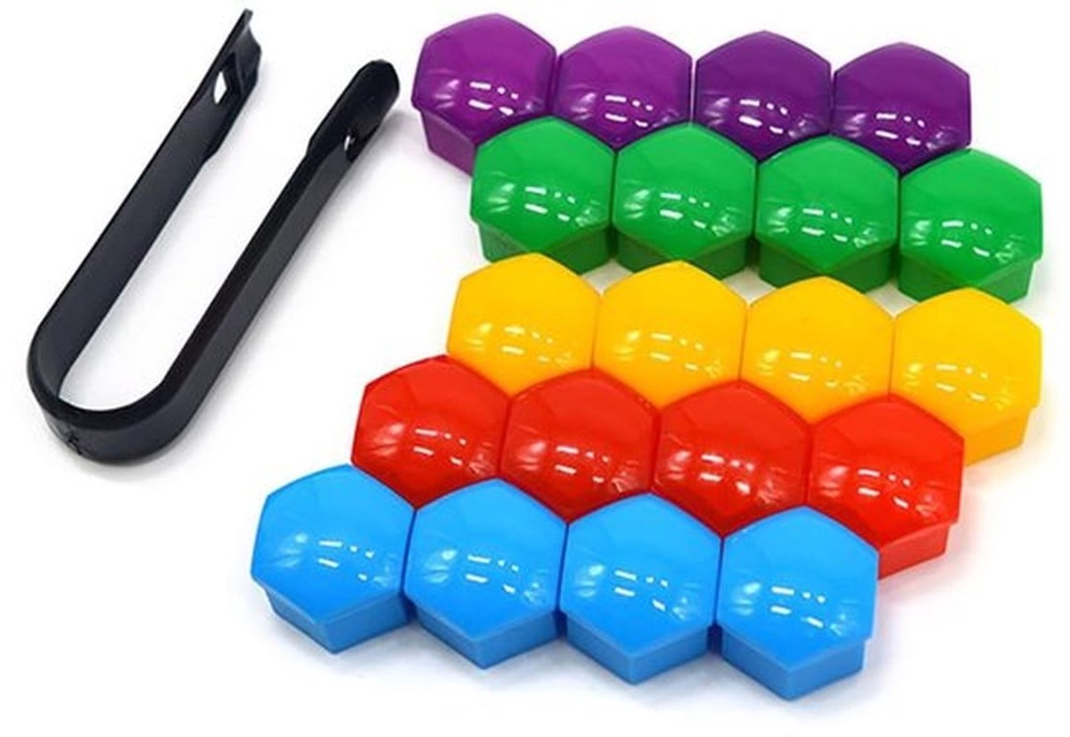 Wielmoerkappen 17 mm - 20 Stuks - Inclusief Verwijdertool - Kunststof - Diverse Kleuren - Geschikt voor Auto - Wielmoerkap