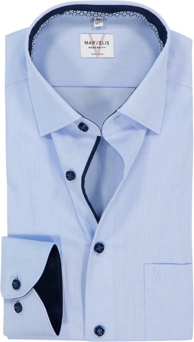 MARVELIS modern fit overhemd - mouwlengte 7 - popeline - lichtblauw - Strijkvrij - Boordmaat: 45 (EU maat: XXL)