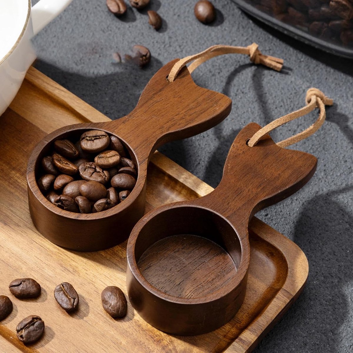 Set van 2 houten koffiemaatlepels kattenoor ontwerp, natuurhouten scheplepel voor koffiebonen, gemalen koffie en kruiden
