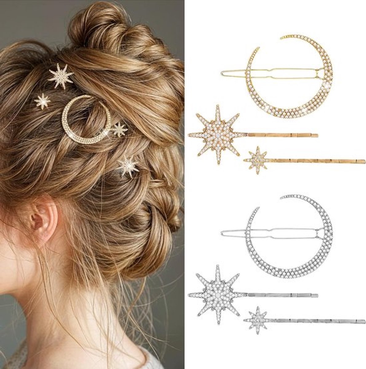 Set van 6 ster- en maanvormige metalen haarclips, dameshaaraccessoires met rhinestones, haarspeldjes voor bruiloften, haaraccessoires voor vrouwen en meisjes (goud en zilver)