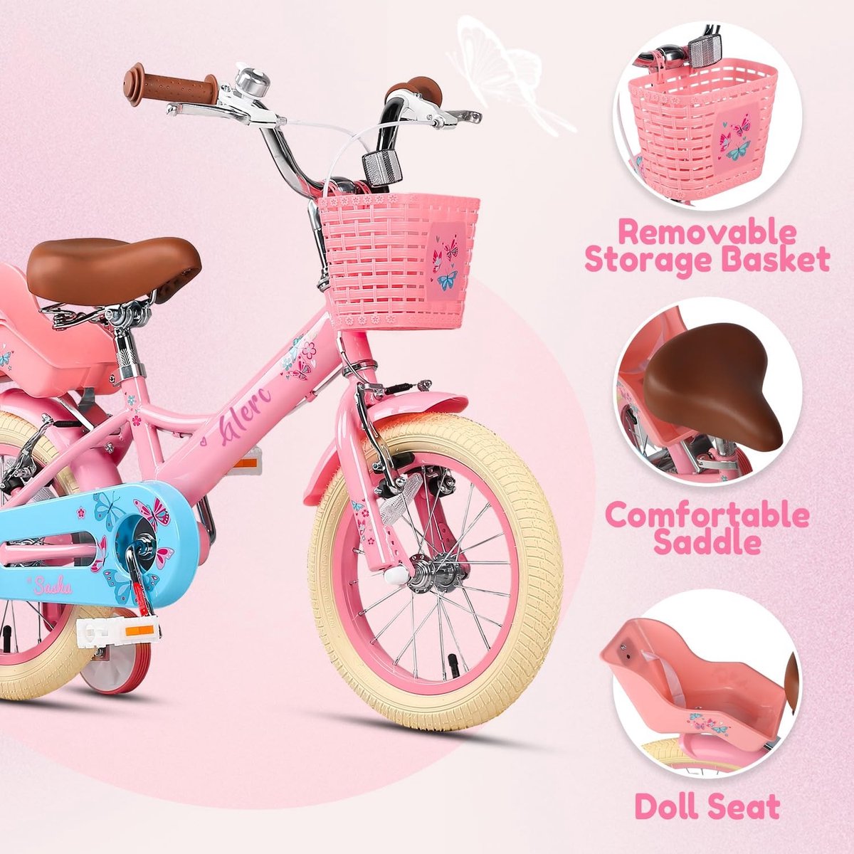 Solidchoice Retro Kinderfiets met Steunwielen en Poppenzitje