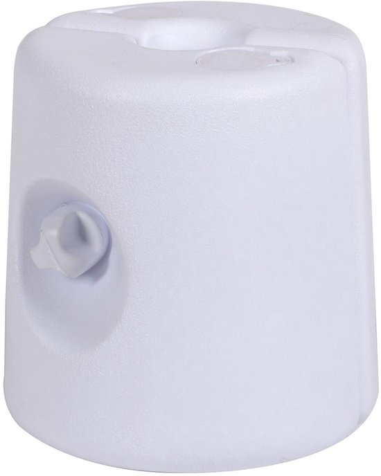 Een witte, ronde, vulbare voet voor een partytent met een draaidop.