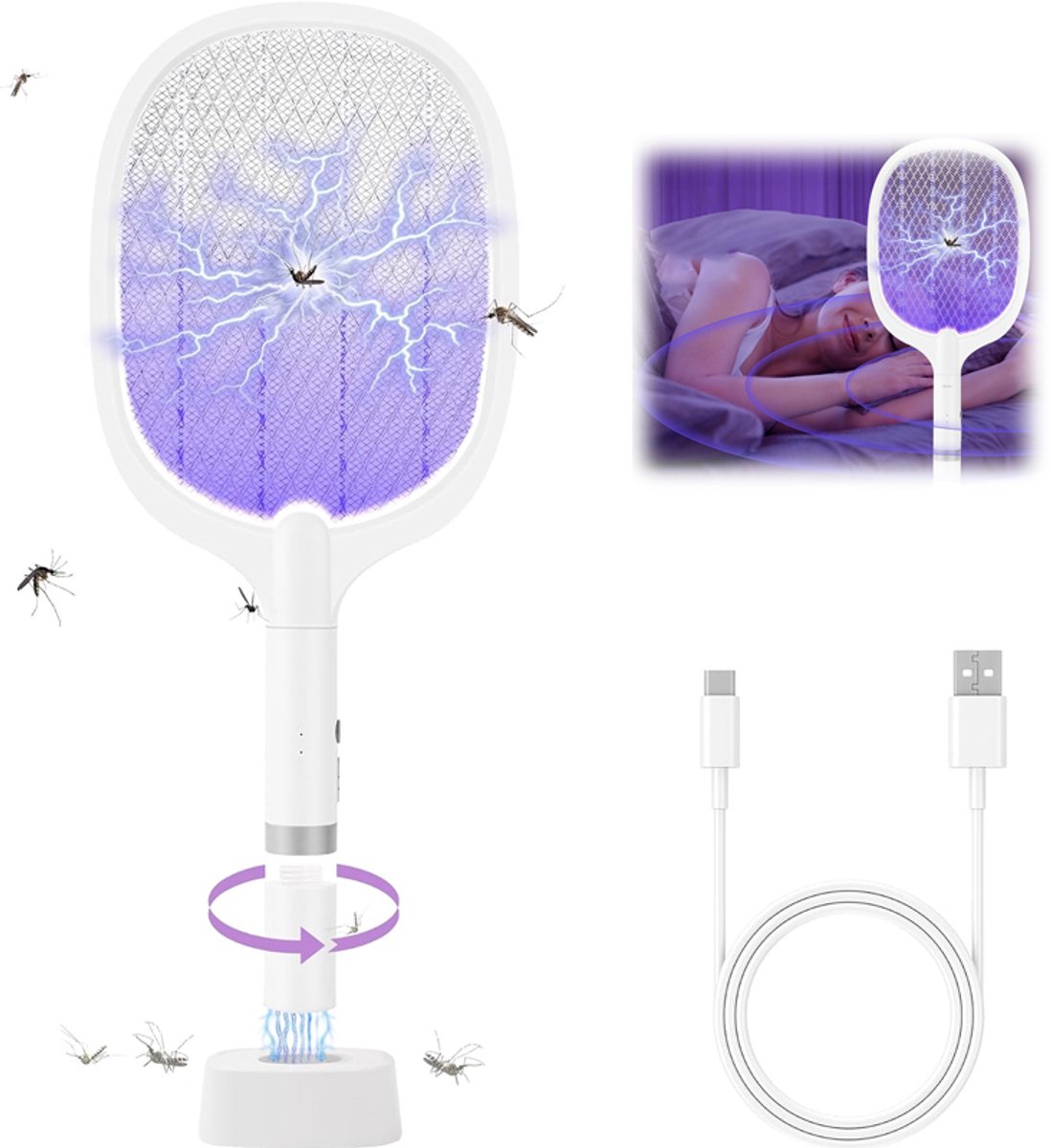 Bobypet-Elektrische vliegenmepper - Muggenmepper - Oplaadbaar - USB-C - Met UV licht - 3000V - 2-in-1 - Voor binnen en buiten - 21.8*7.9*5.CM - Wit