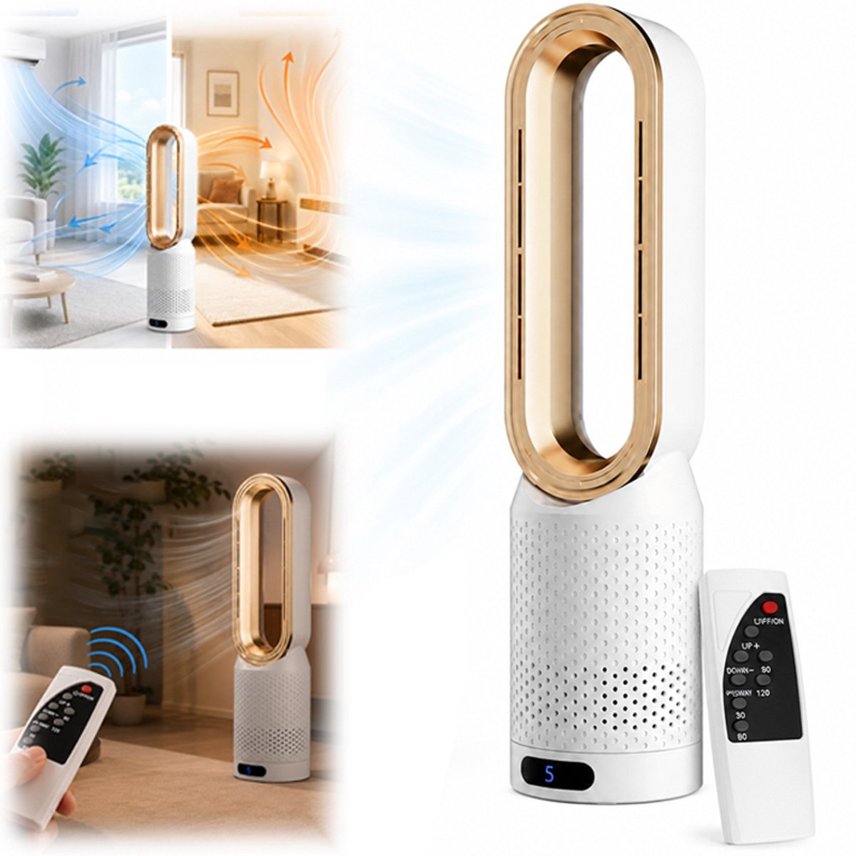 Bobypet - adloze ventilator - Torenventilator - Verwarming - Ventilator warm en koud - Stil - 8 snelheden - Oscillerend - Voor slaapkamer en kantoor - 58 cm - Goud