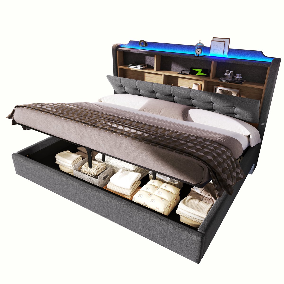 Merax Gestoffeerd Bed 180x200 cm - Hydraulische Opbergruimte - LED Verlichting - USB En USB-C - Hoofdbord Met Opbergvakken - Linnen - Grijs