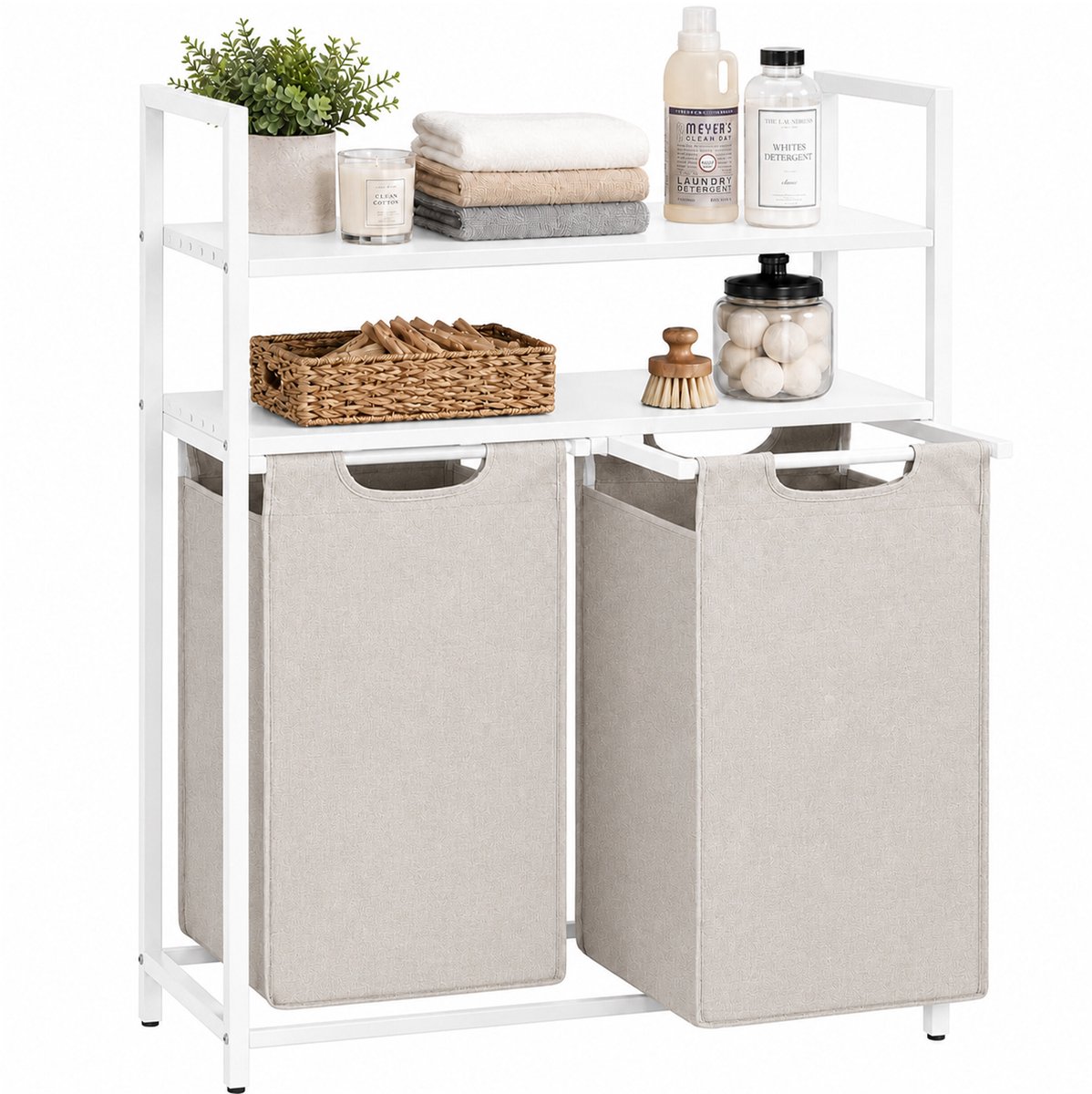 Wasmand 2 vakken - met planken - elk 46 l - wit-beige