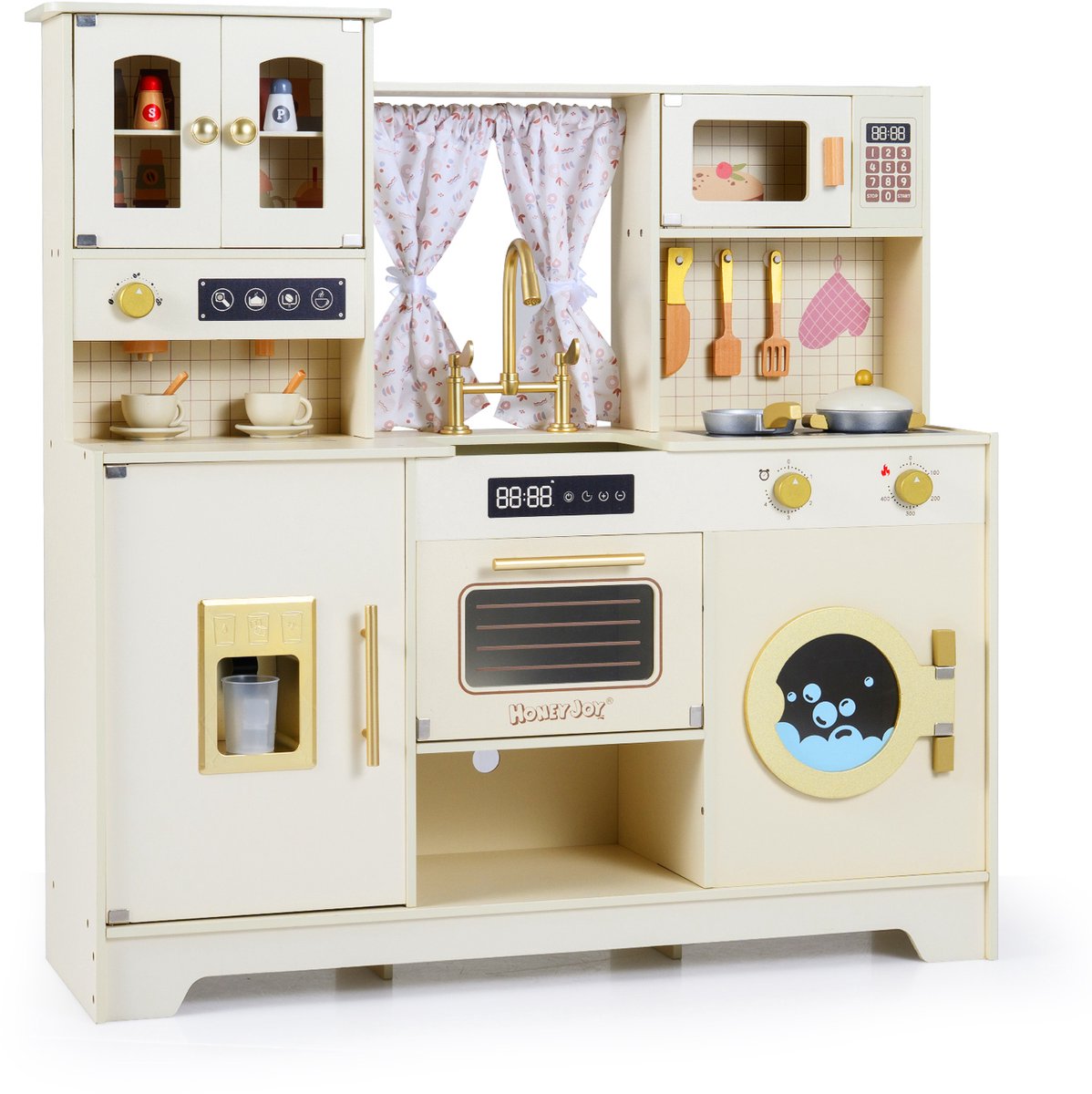 COSTWAY Kinderkeuken hout, speelkeuken met fornuis, waterkraan, gootsteen & kast, speelgoedkeuken met oven koffiezetapparaat magnetron, incl. 14 accessoires, voor kinderen vanaf 3 jaar