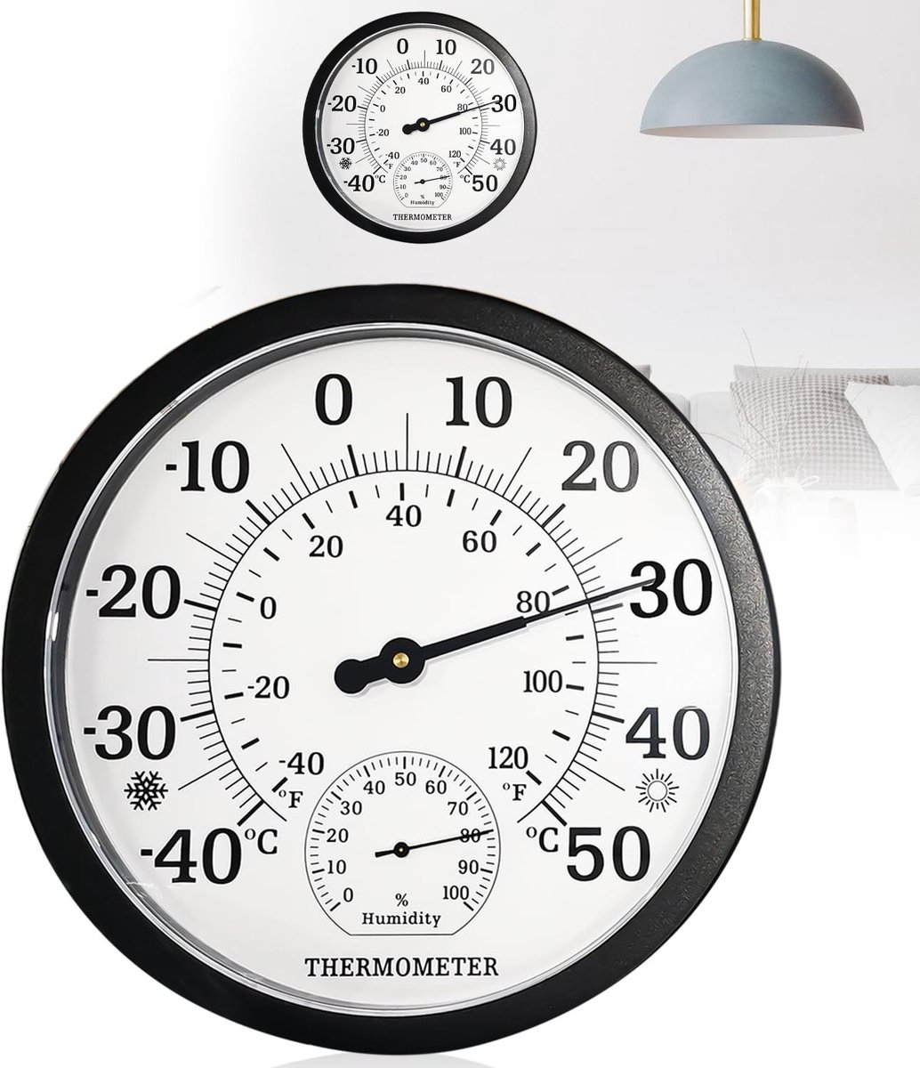 Grote Binnen- en Buitenthermometer - Zwart - 25 cm - 2-in-1 Analoge Barometer met Hygrometer - Voor Binnen en Buiten