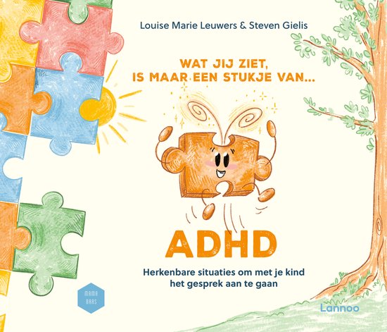 Een vrolijk gekleurd puzzelstukje met armen en benen danst onder een zon en boom. De titel 'ADHD' staat groot onderaan.
