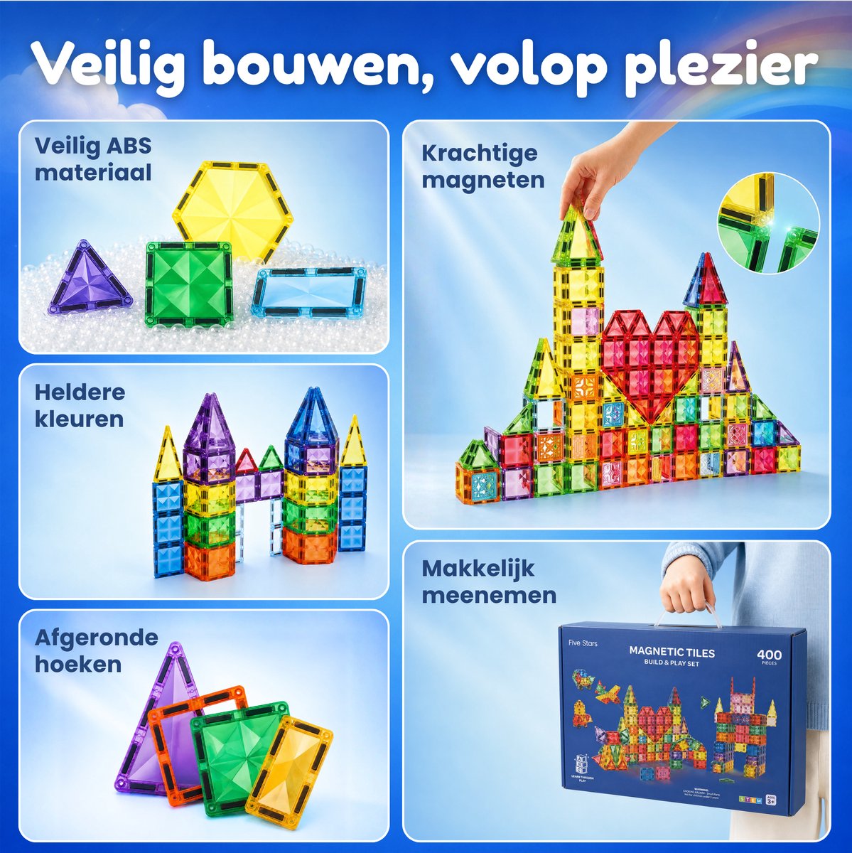 Five Stars® Magnetic Tiles 400 Stuks – Inclusief Bouwopdrachten – Magnetische Tegels Speelgoed – Magnetisch Bouwspeelgoed – Montessori Educatief – Constructie Bouwstenen – Magna Tiles - Cadeau voor Jongens & Meisjes — afbeelding 6