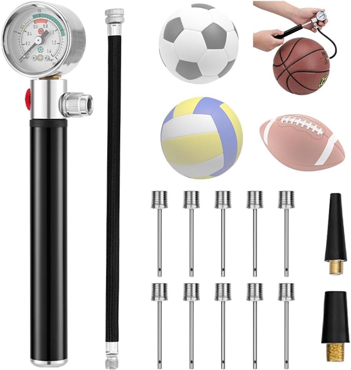 Mini-balpomp - Zwart - 19,7 x 2,5 cm - Aluminiumlegering met Manometer - Voor Sportballen