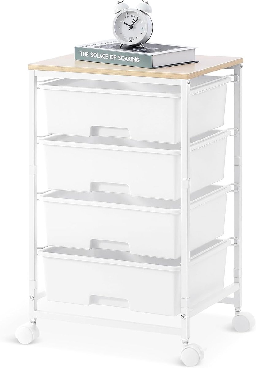 Opbergwagen - Wit - - Houten Tafelblad met 4 Laden en Wielen - Voor Keuken, Woonkamer, Slaapkamer