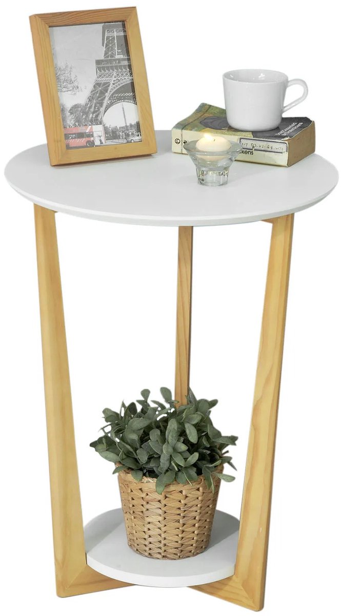 Nyoz bijzettafel met 2 planken - Salontafel - Side Table - Nachtkastje - Wit en natuurlijk - Draagvermogen 15 kg - 45 x 45 x 60 cm