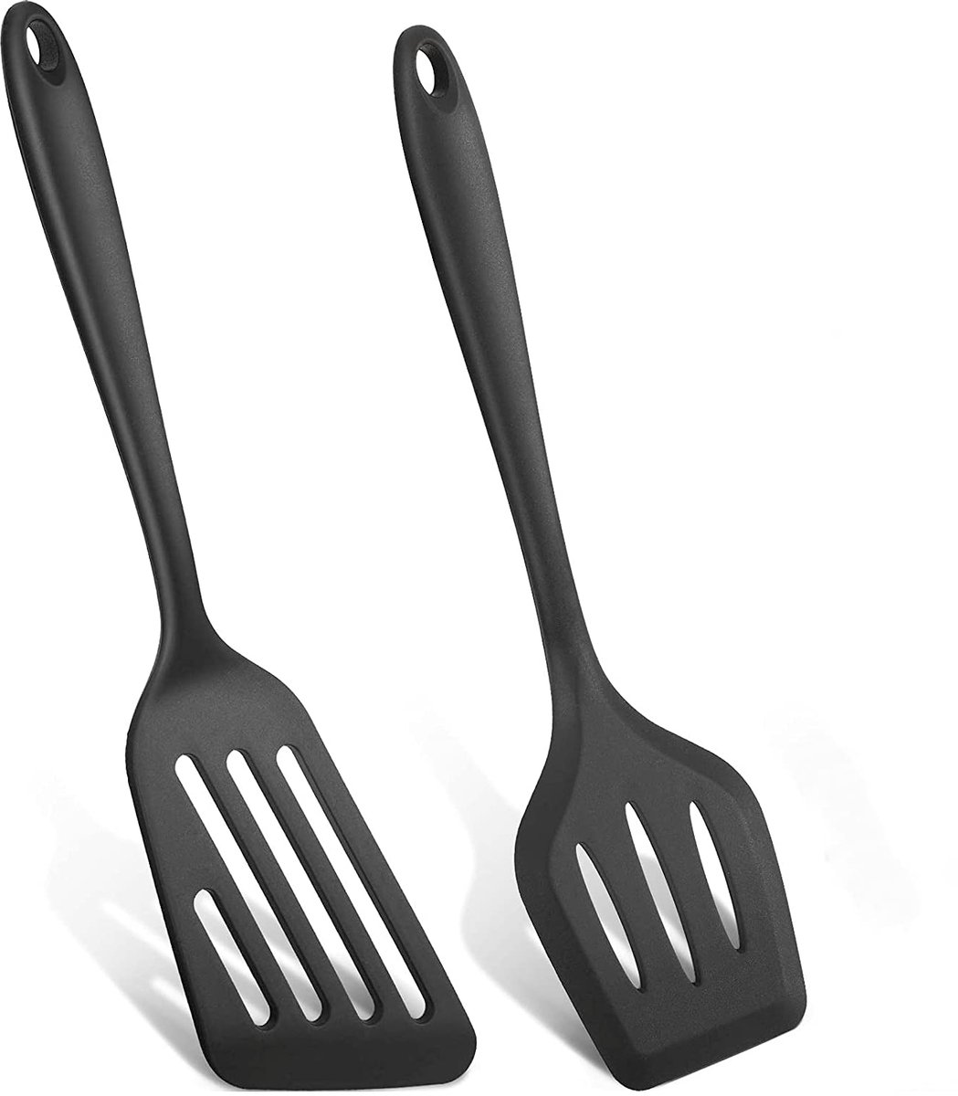 Spatels - Siliconen Keukenspatel - 2 Stuks - Spatel Silicone – Hittebestendige Bakspatels met Sleuven, Vis Spatel en Draaier, Antiaanbak Spatels voor Bakken, Koken en Frituren - BPA vrij - Vaatwasserbestendig – Zwart