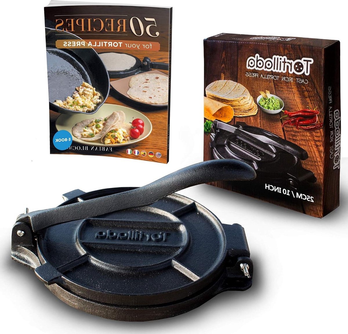 Tortillapers Gietijzer - Tortillamaker Quesadillamaker - Zelf Tortillas Maken - Pre-seasoned Gietijzer - 25 cm - Zwart
