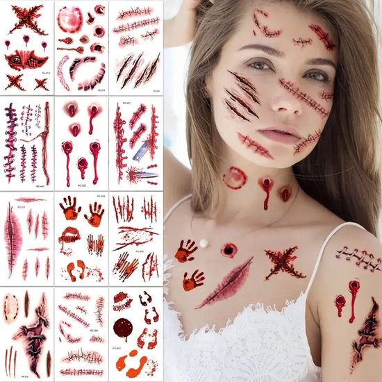 Modèle avec des tatouages de blessures d'Halloween sur le visage, le cou et la poitrine. Divers motifs avec du sang et des points de suture.
