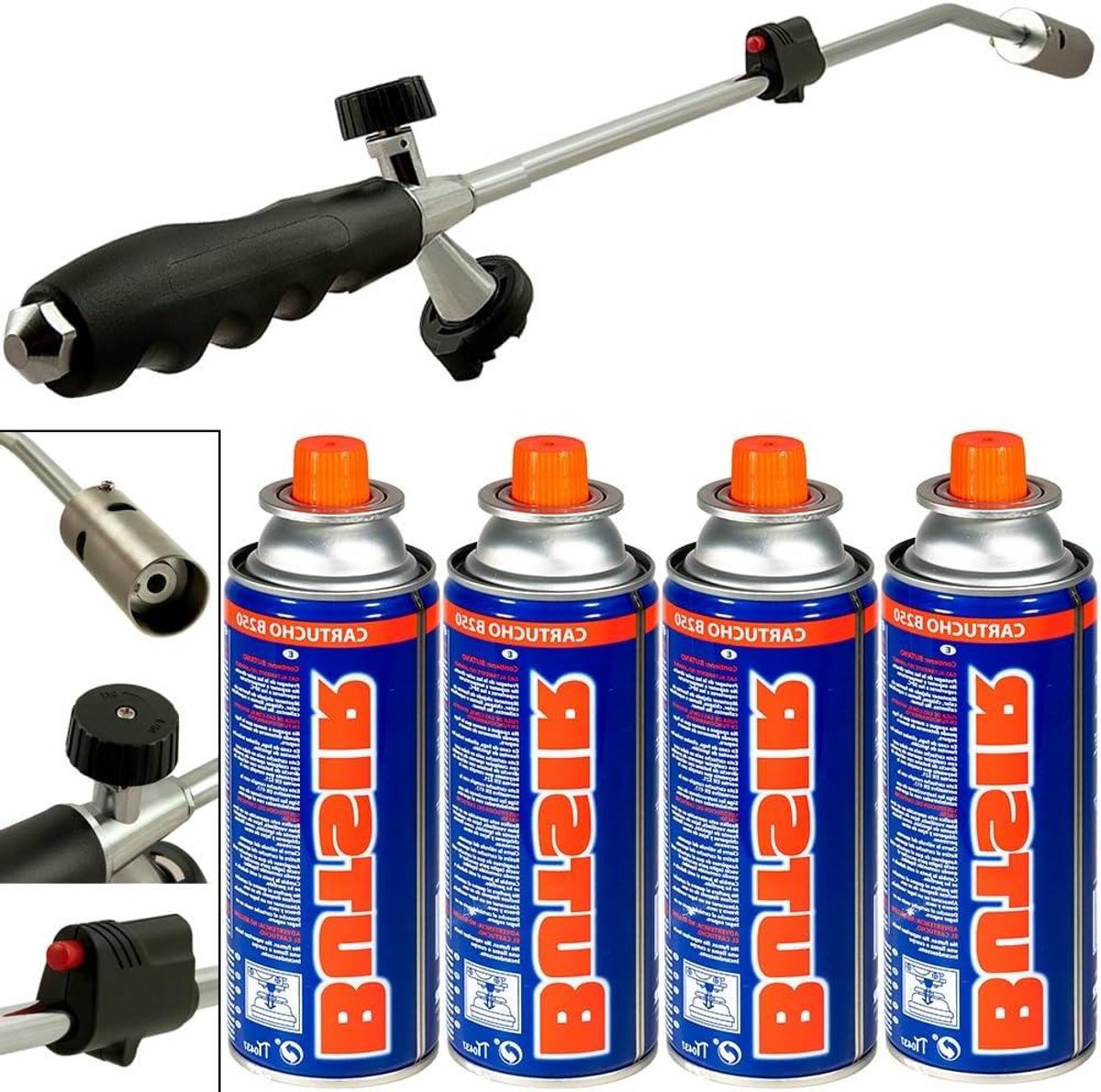 Onkruidbrander met gas - Brandertje onkruid Gasbrander - Onkruid verwijderen - Piëzo ontsteking - Incl. 4 patronen - Zwart