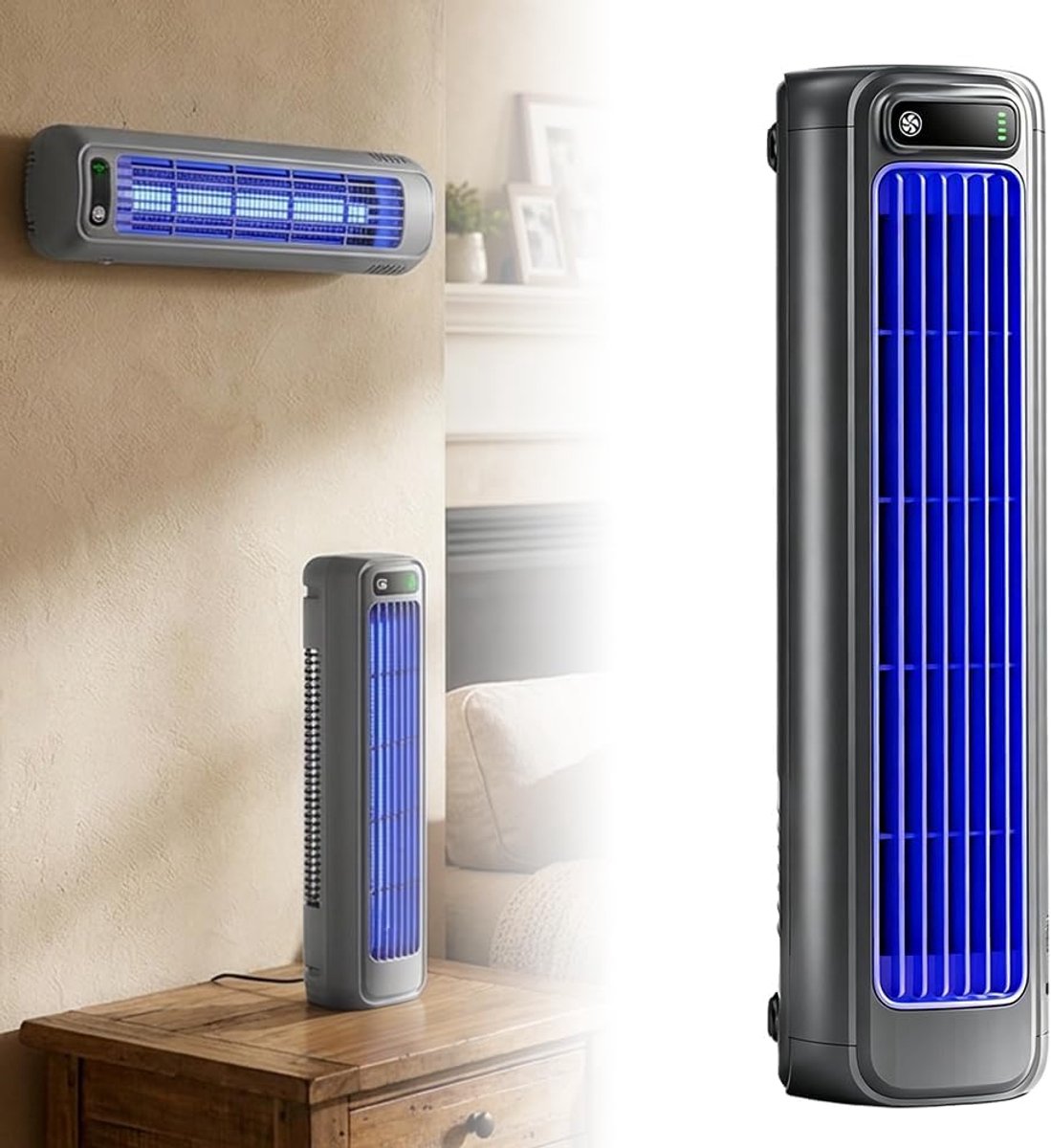 Torenventilator - Ventilator - Mobiele Aircooler - Desktop Ventilator - Mini Luchtkoeler - 2000mAh - Tafel + Muur - Stille Motor - 3 Standen - Tower Fan - Voor Woonkamer Slaapkamer en Kantoor