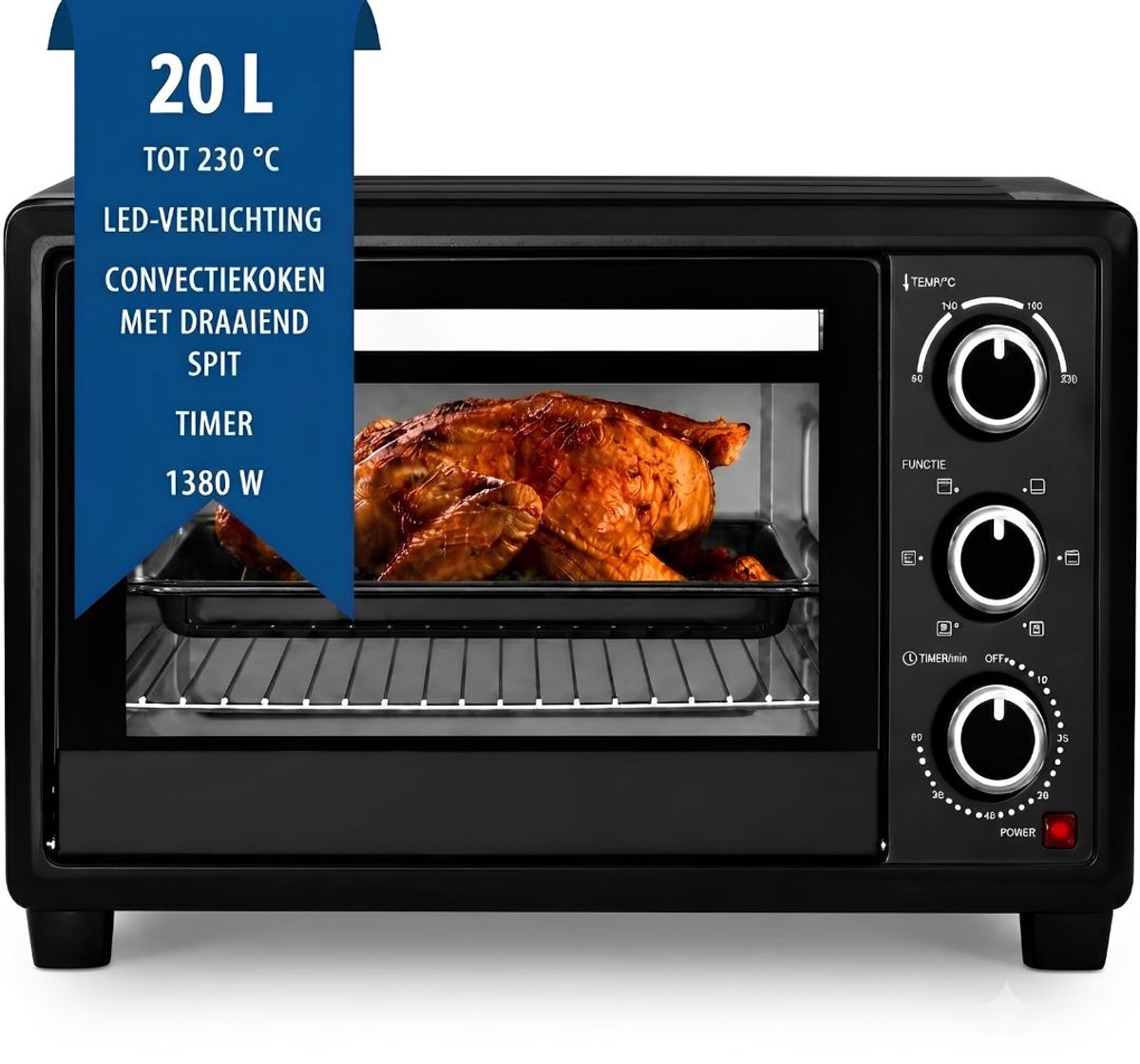JCP® Mini Oven - Mini Oven Vrijstaand - Kleine Oventje - Zwart - 34cm x 46cm x 29cm