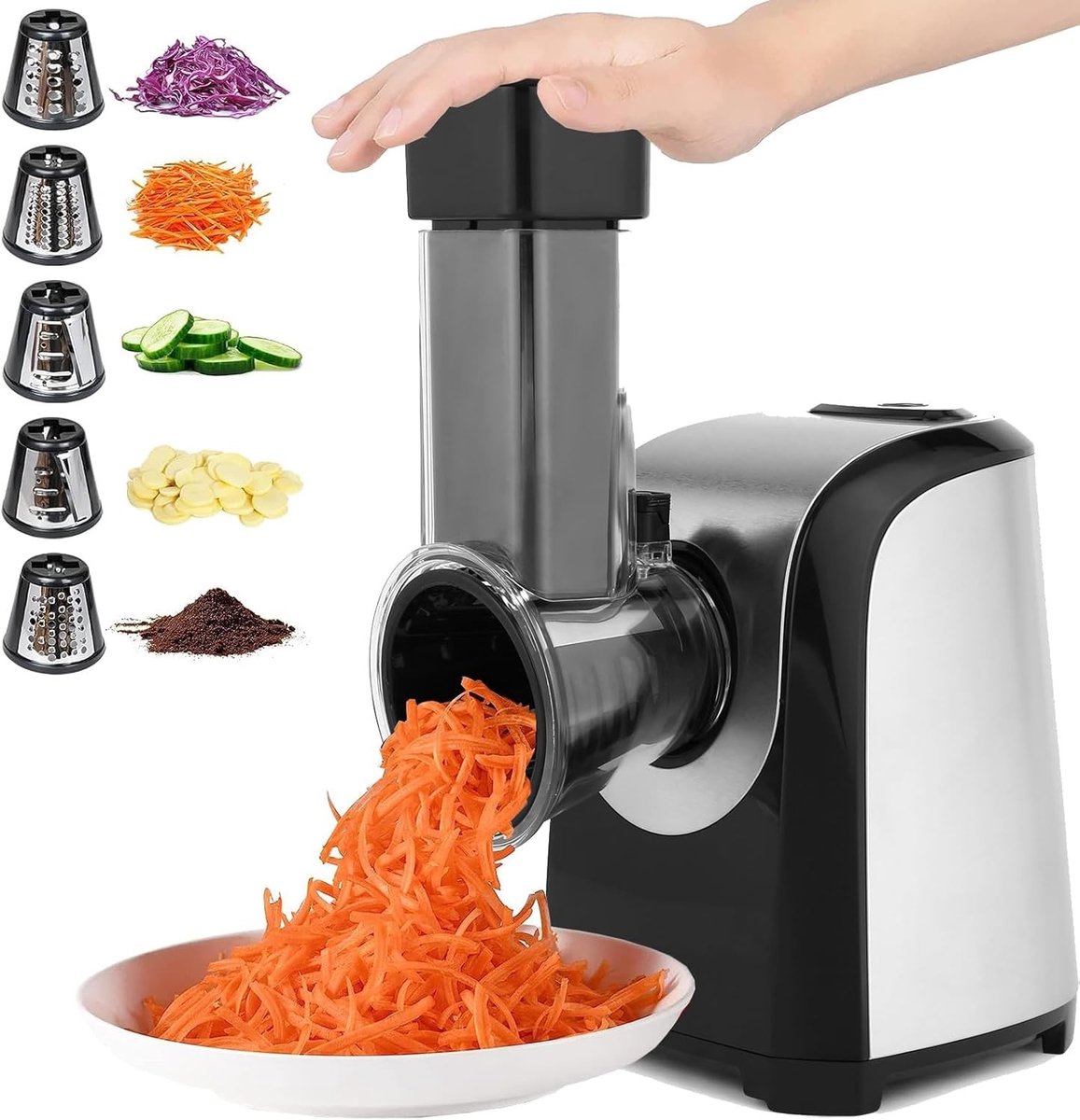 Elektrische Groentesnijder - Zwart/Zilver - 150W - Multifunctionele Groenteschaaf met 5 Snijtrommels - Voor Groenten en Salades