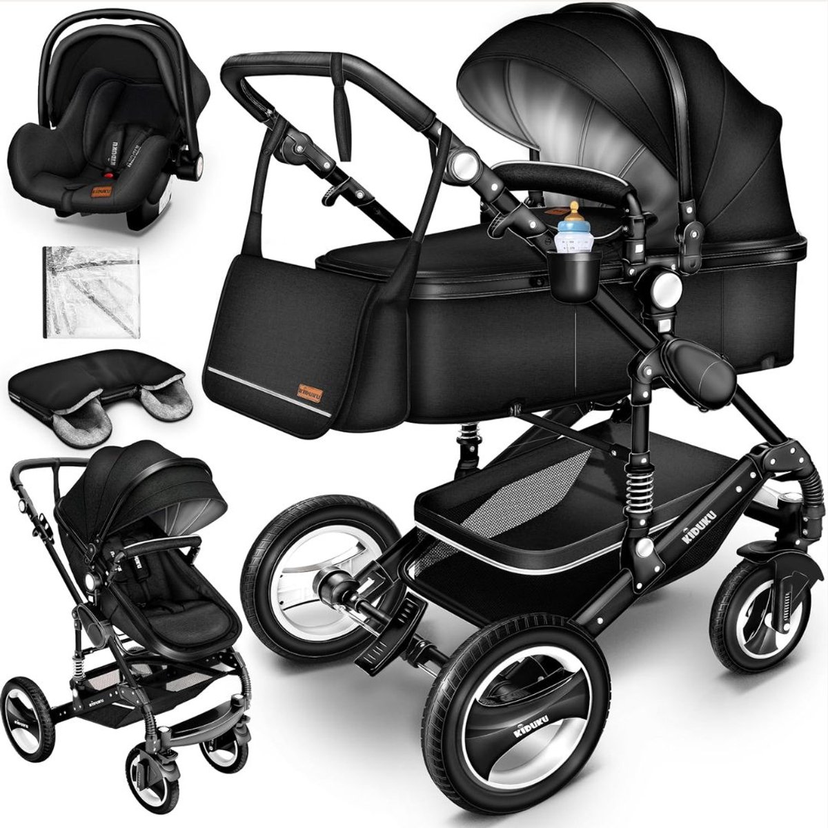 LNMsolutions® Kinderwagen - Kinderwagen 3 in 1 - Wandelwagen - Zwart - 87cm x 50cm x 112cm