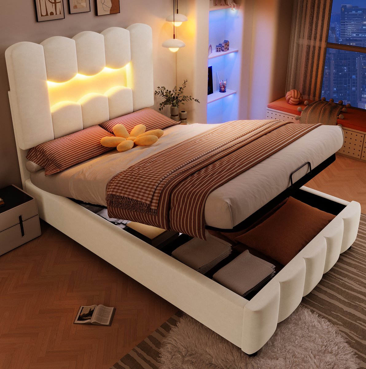 MEUNIQ gestoffeerd bed 90 x 200 cm met hydraulische opbergruimte, LED-verlichting en verstelbaar hoofdbord, eenpersoons bed voor slaapkamer, beige