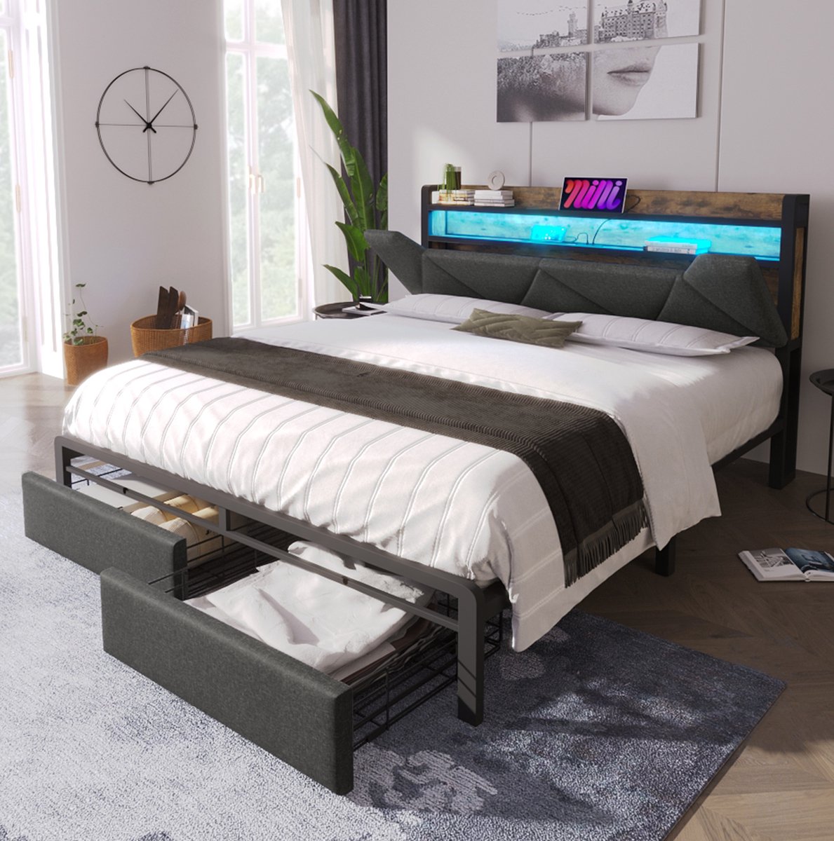 MEUNIQ tweepersoons bedframe 140x200 cm met opbergend hoofdbord, LED-verlichting, USB en T