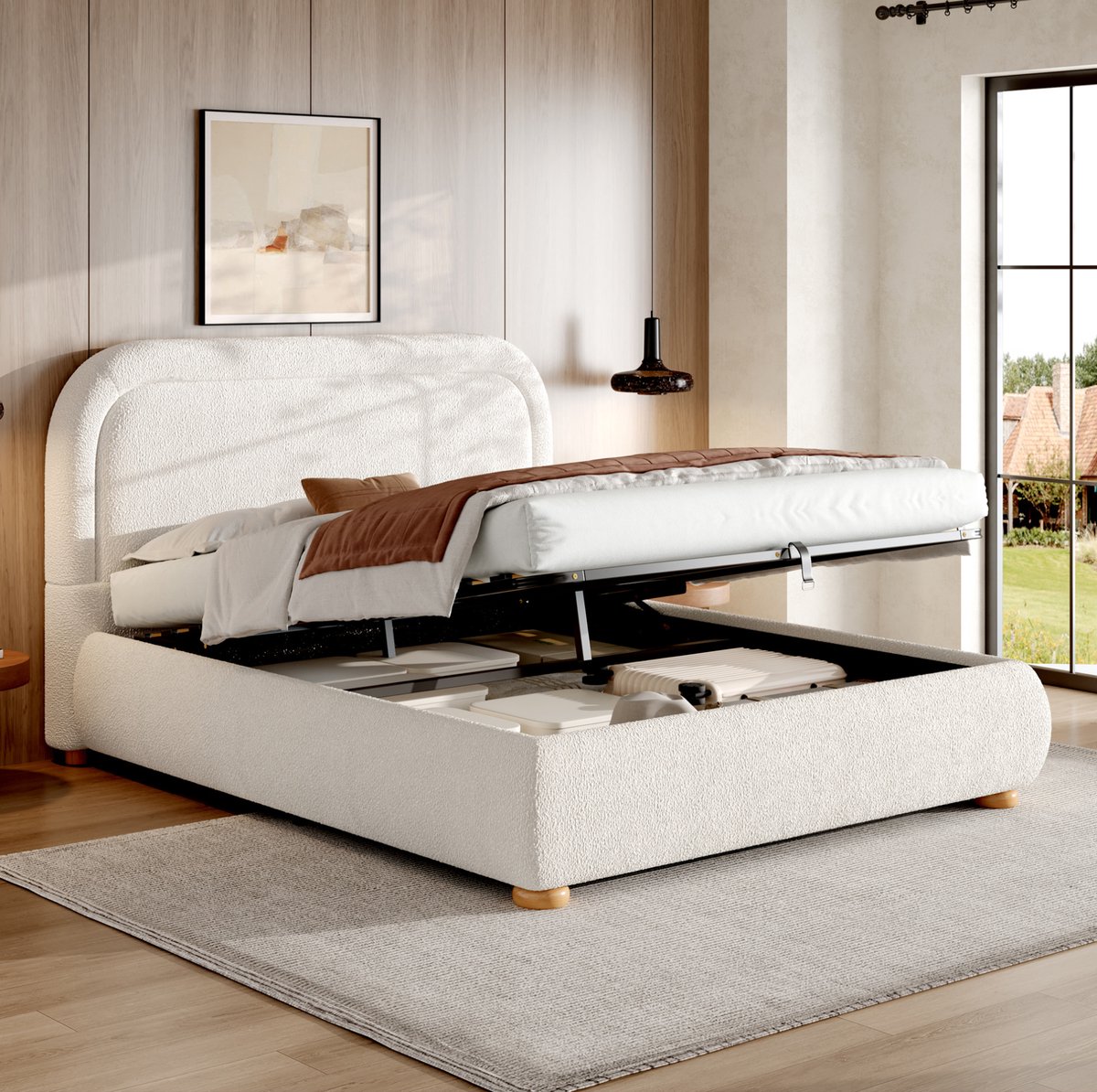 MEUNIQ tweepersoonsbed 160x200 cm met hydraulische opbergruimte, lattenbodem en gestoffeerd hoofdbord, bedframe voor slaapkamer in wit bouclé