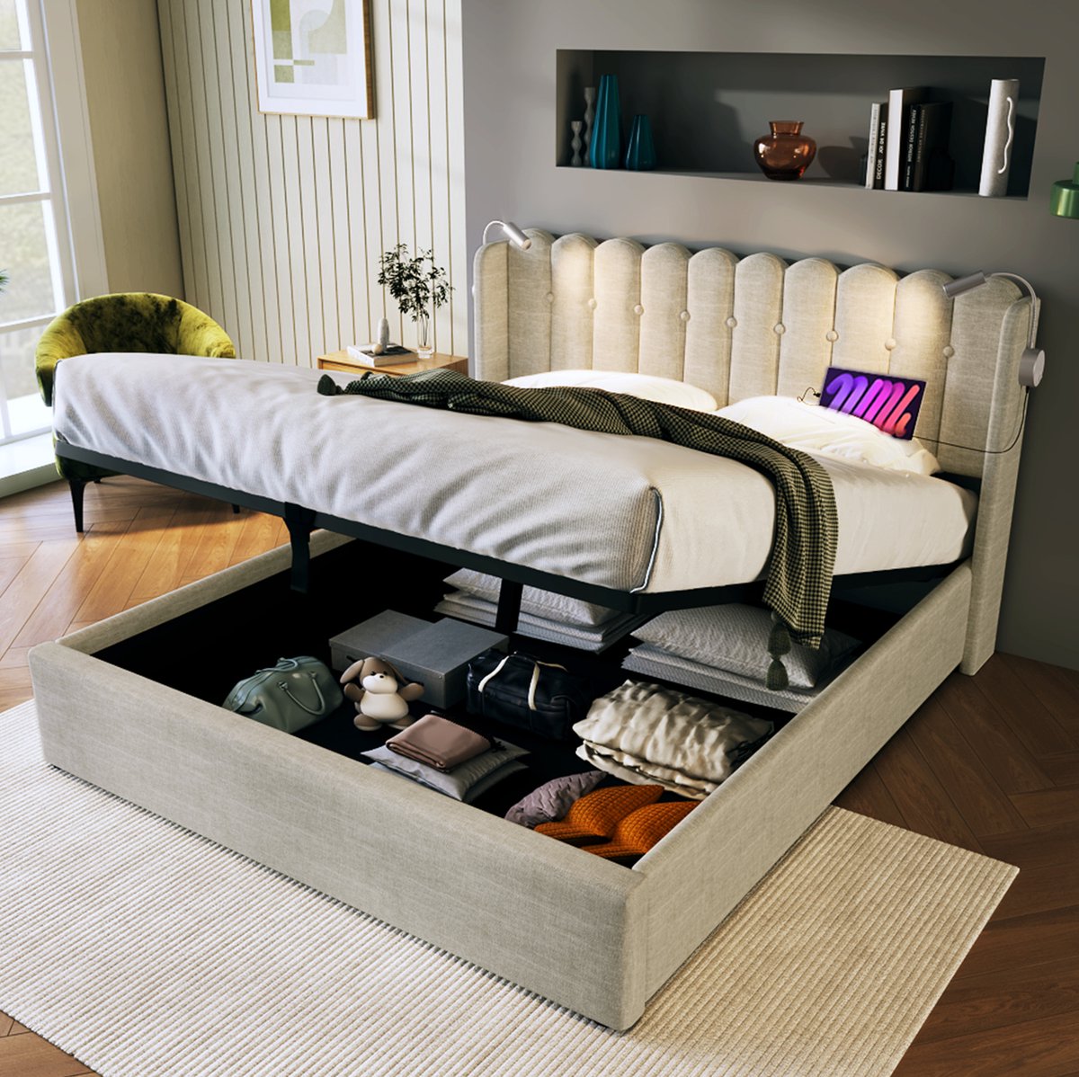 MEUNIQ tweepersoons bed 140x200 met opbergruimte, leeslamp, 2 USB-poorten en lattenbodem, 