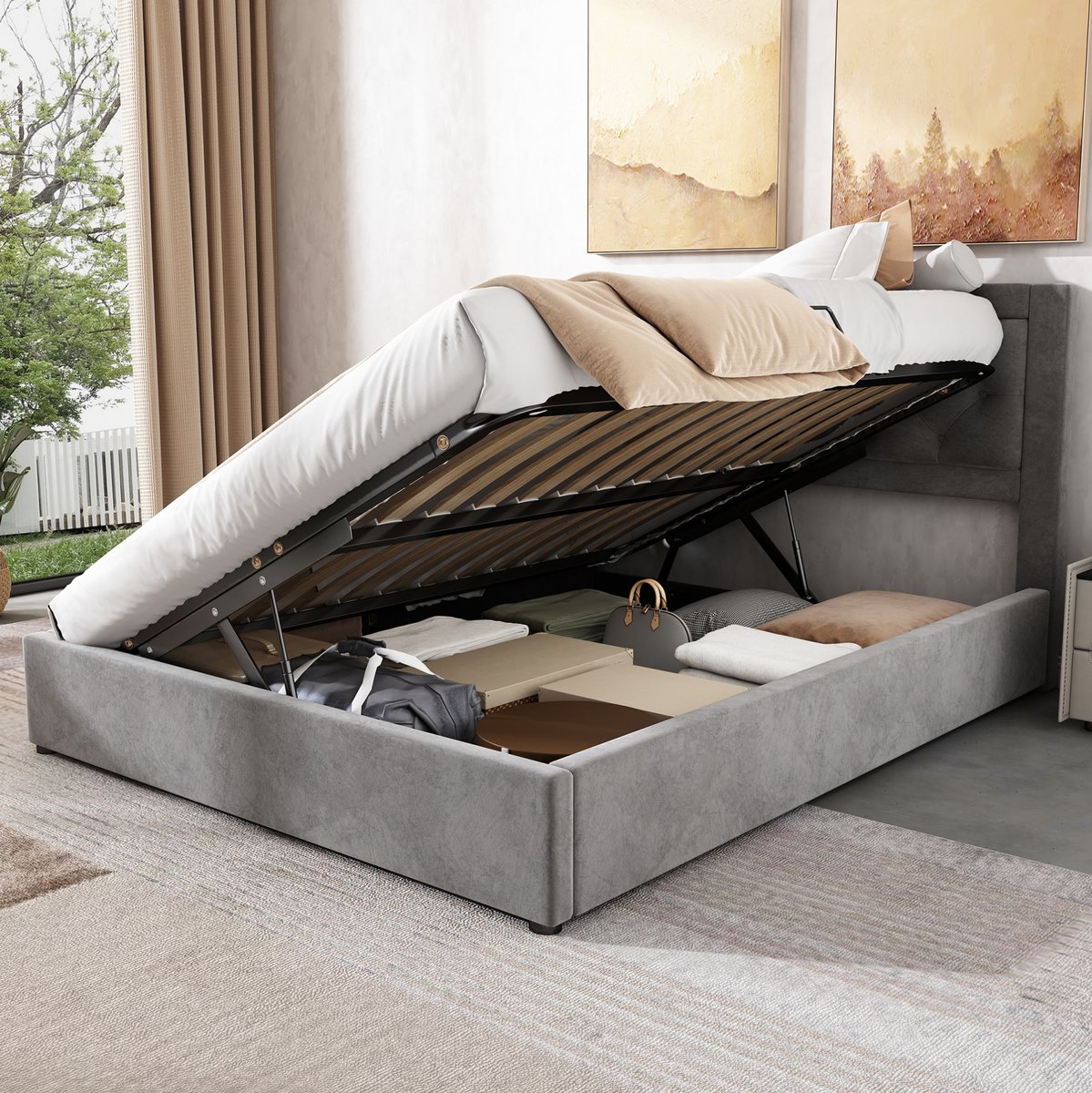 MEUNIQ gestoffeerd opbergbed 140 x 200 cm met lattenbodem, opklapbare opbergruimte onder bed, gecapitonneerd hoofdbord, staal en stof, tweepersoons bed grijs