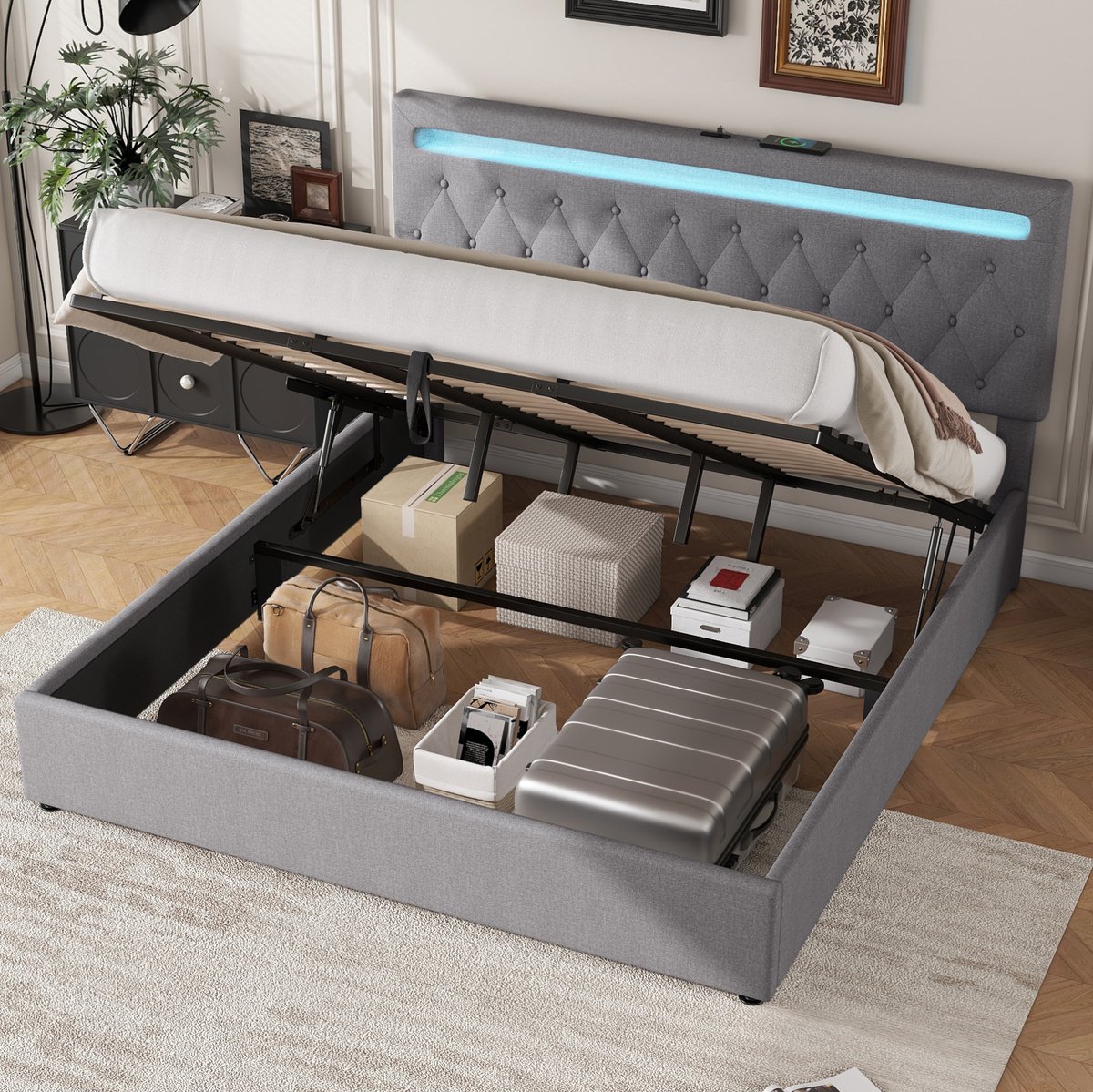 MEUNIQ gestoffeerd tweepersoons bed 180x200 cm met hydraulische opbergruimte, LED sfeerverlichting, USB en USB-C, lattenbodem, grijs, slaapkamer