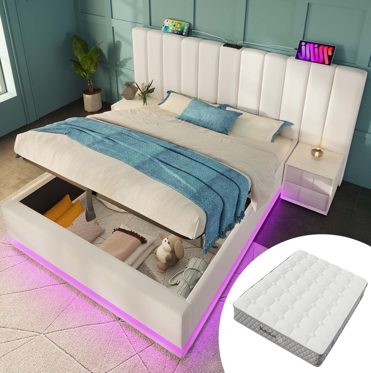 MEUNIQ tweepersoons opbergbed 180x200 cm met matras, LED-verlichting, 3 USB en USB-C, hydraulische opbergruimte, lattenbodem en hoog hoofdbord, wit
