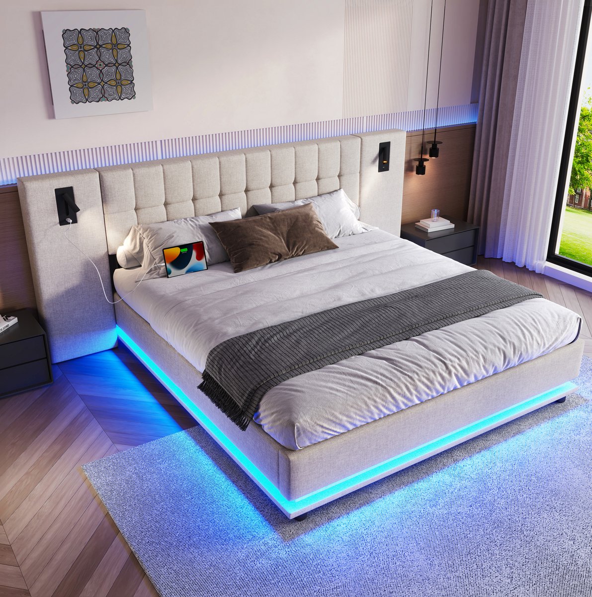 MEUNIQ gestoffeerd bed 180x200 cm met LED-verlichting, hoofdbord met spot en USB, tweepersoons bedframe voor slaapkamer, beige, zonder matras