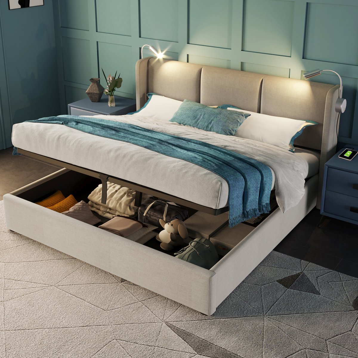 MEUNIQ tweepersoons opbergbed 160x200 cm met lattenbodem, hoofdbord met leeslamp en USB, h